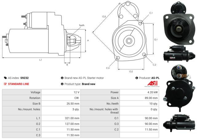 Startmotor 12V 4.2kW (10 tænder)