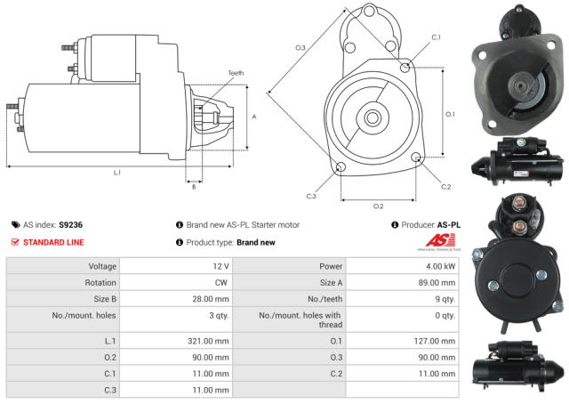 Startmotor 12V 4.0kW (9 tænder)