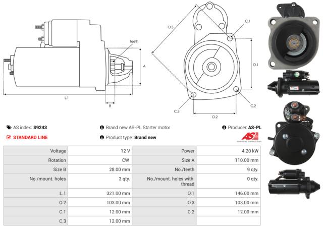 Startmotor 12V 4.2kW (9 tænder)
