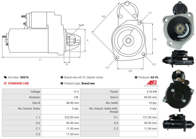 Startmotor 12V 4.2kW (10 tænder)