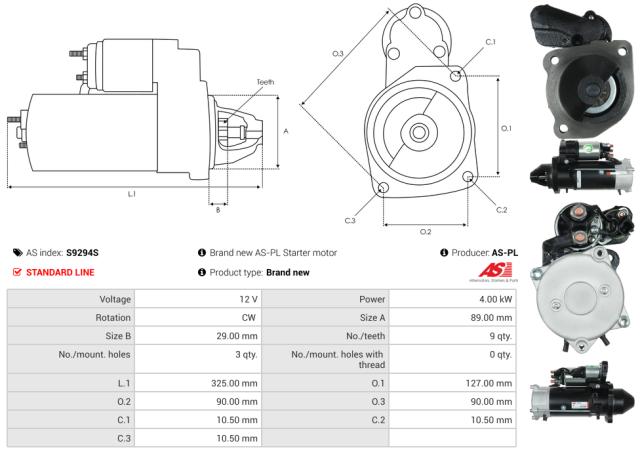 Startmotor 12V 4.0kW (9 tænder)