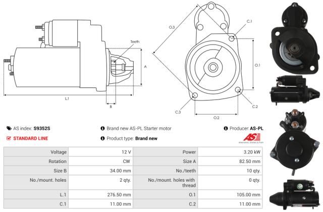 Startmotor 12V 3.2kW (10 tænder)