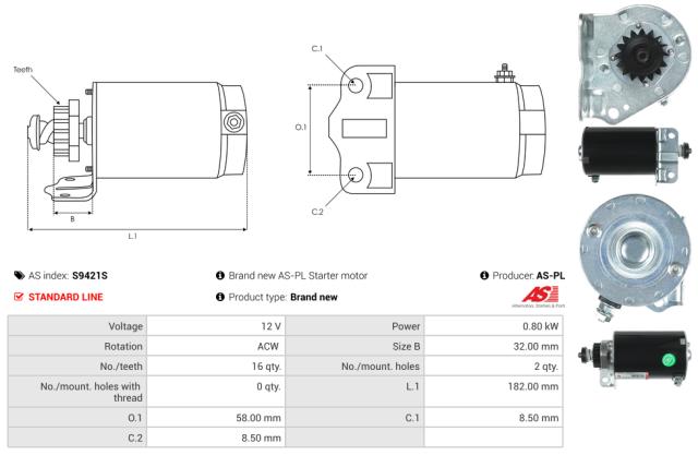 Startmotor12V 0.8kW (16 tænder)