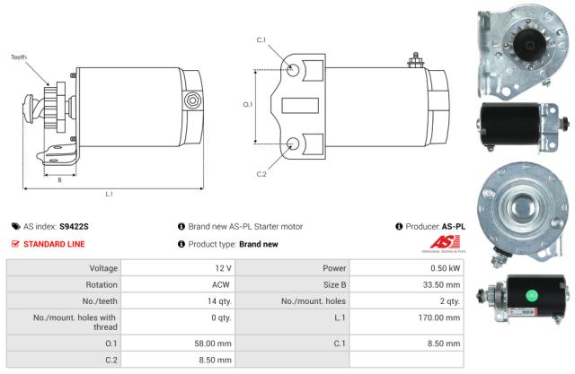 Startmotor12V 0.5kW (14 tænder)