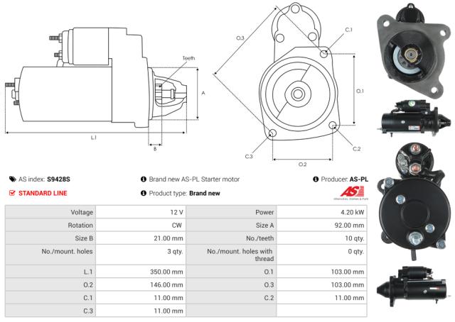 Startmotor 12V 4.2kW (10 tænder)