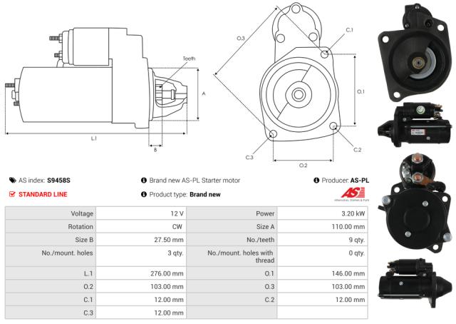Startmotor 12V 3.2kW (9 tænder)