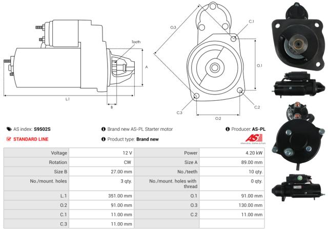 Startmotor 12V 4.2kW (10 tænder)