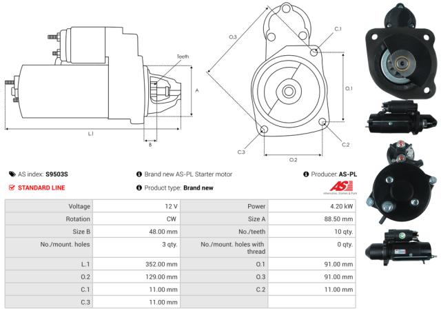 Startmotor 12V 4.2kW (10 tænder)