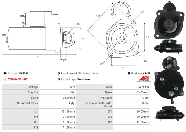 Startmotor 12V 4.2kW (10 tænder)