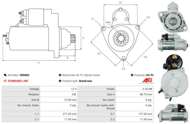 Startmotor 12V 3.2kW (9 tænder)