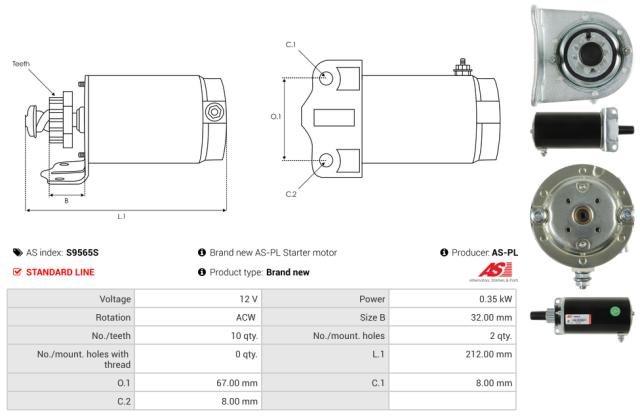 Startmotor12V 0.35kW (10 tænder)