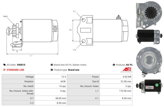 Startmotor12V 0.65kW (16 tænder)