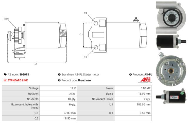 Startmotor12V 0.8kW (10 tænder)