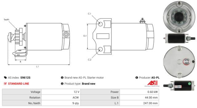 Startmotor12V 0.6kW (9 tænder)