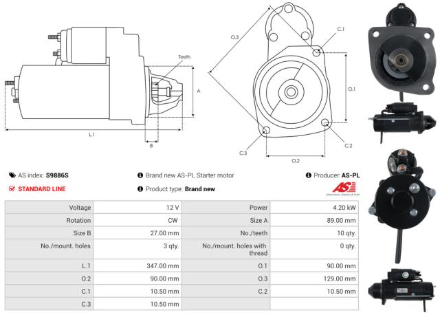 Startmotor 12V 4.2kW (10 tænder)