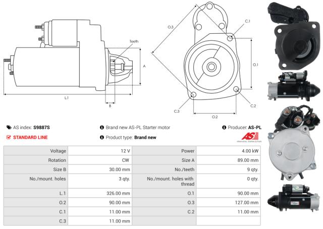 Startmotor 12V 4.0kW (9 tænder)