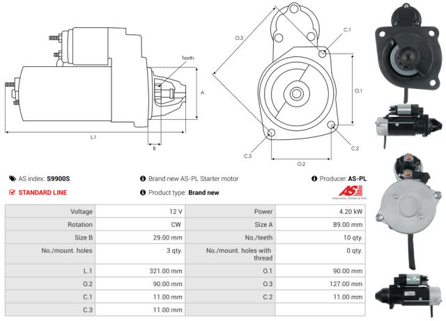 Startmotor 12V 4.2kW (10 tænder)