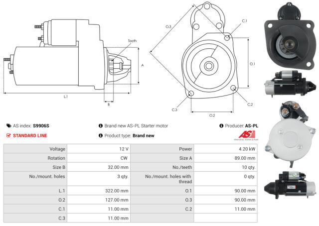 Startmotor 12V 4.2kW (10 tænder)