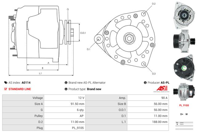 Generator12V 90A m/remskive)