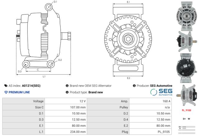 Generator 12V 160A (u/remskive)