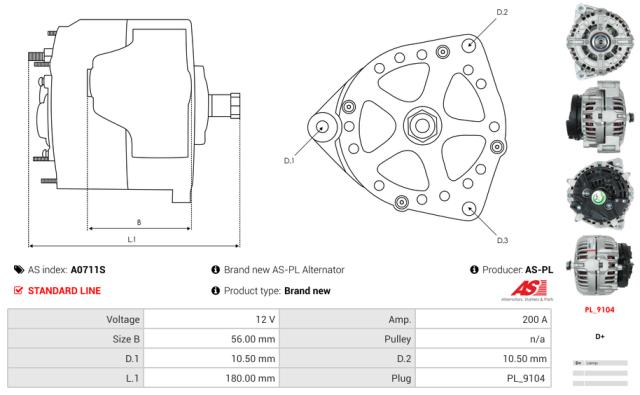 Generator 12V 200A (u/remskive)