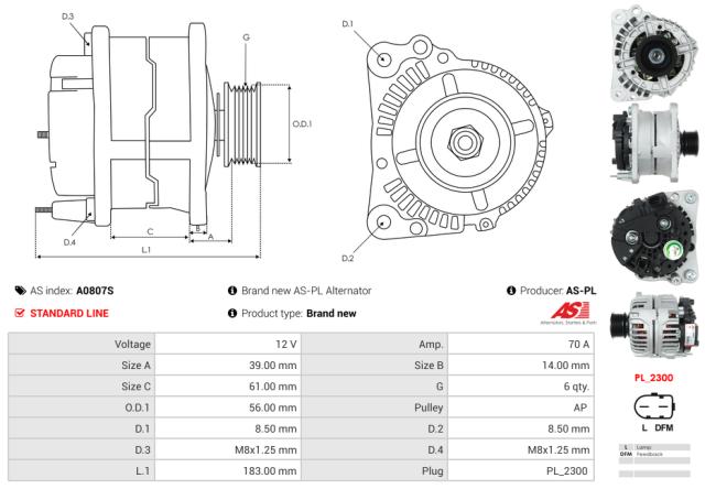 Generator 12V 70A (m/remskive)