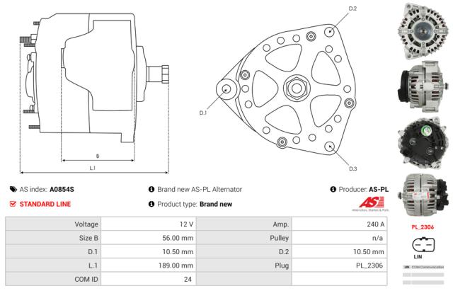 Generator 12V 240A (u/remskive)