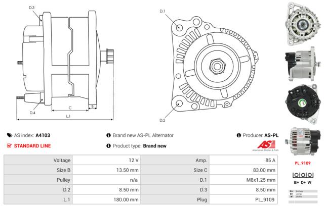 Generator 12V 85A (u/remskive)
