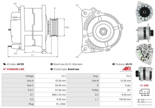 Generator12V 70A (m/remskive)