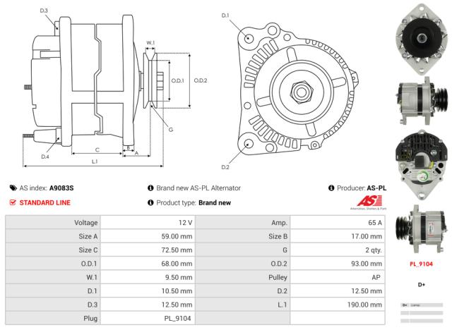 Generator 12V 65A (m/remskive)
