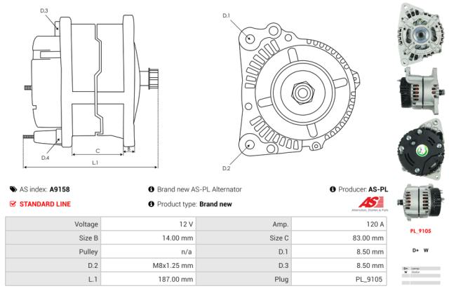 Generator 12V 120A (u/remskive)