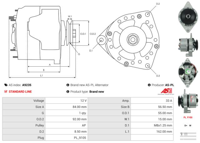Generator 12V 33A (m/remskive)