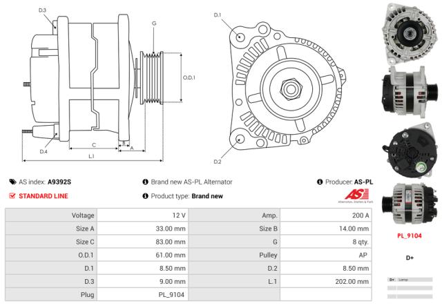 Generator 12V 200A (m/remskive)