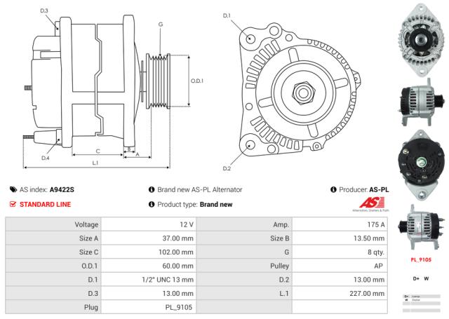Generator 12V 175A (m/remskive)