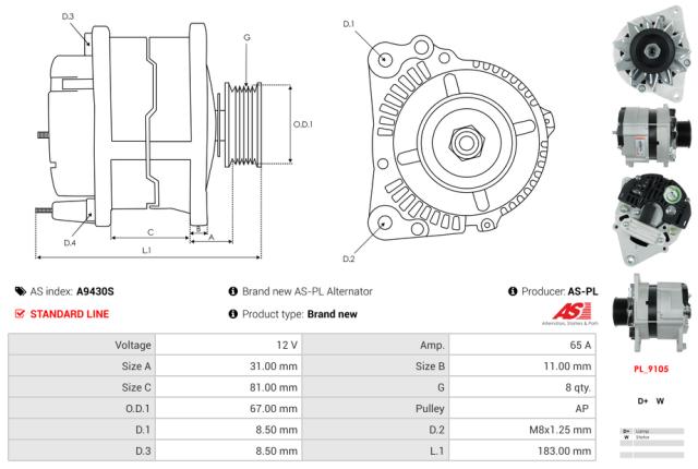 Generator 12V 65A (m/remskive)