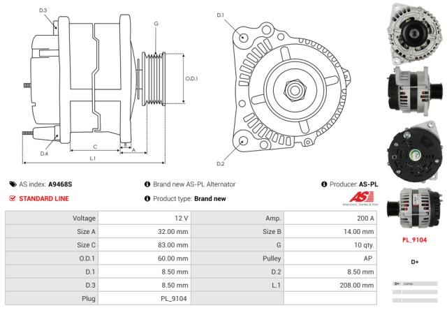 Generator 12V 200A (m/remskive)