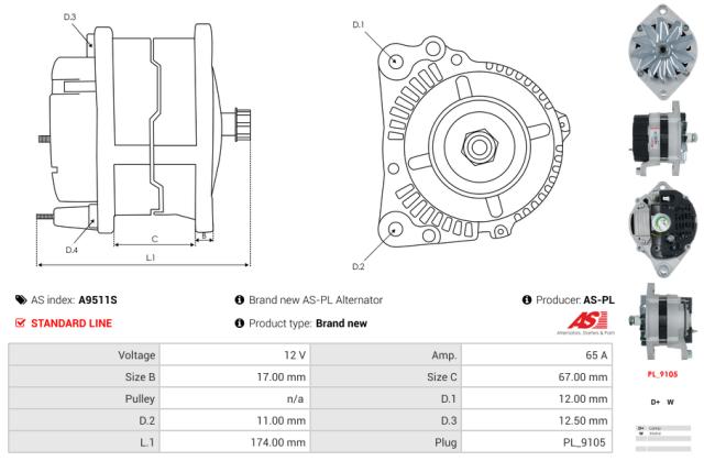 Generator 12V 65A (u/remskive)