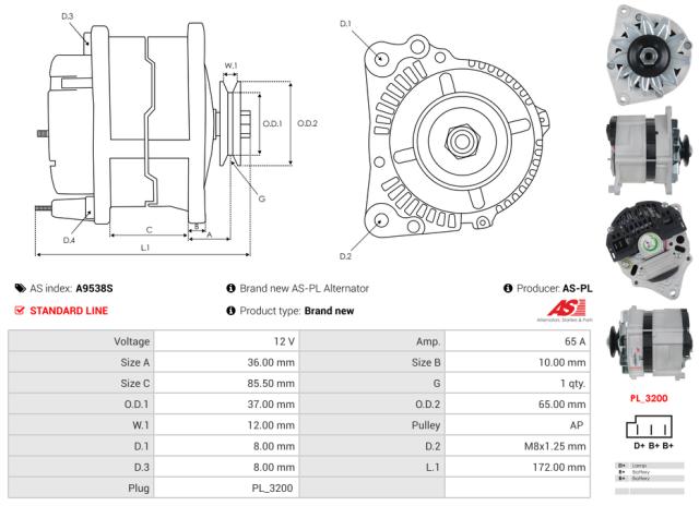 Generator 12V 65A (m/remskive)